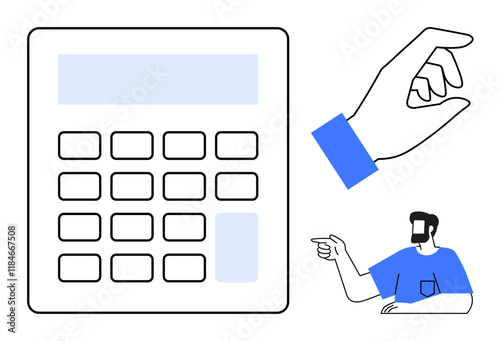 Calculator, hand gesture, person pointing. Ideal for finance, accounting, business discussions, technology, communication human interaction education. Versatile abstract line flat metaphor