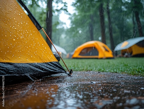 A close-up of a yellow tent in the rain, surrounded by other tents in a forested camping area.