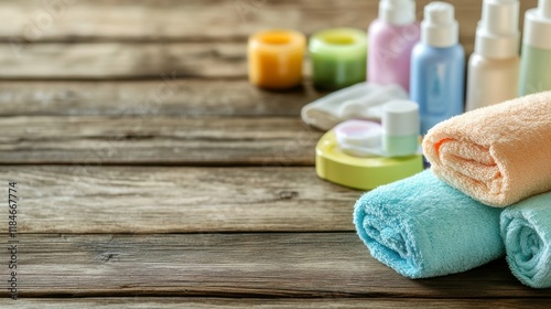 Colorful Towels and Spa Products on Rustic Wooden Table