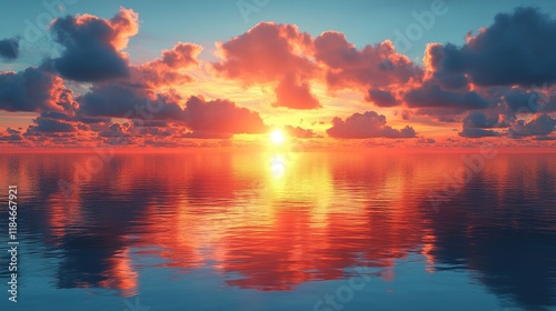 A vibrant sunset over a calm ocean, reflecting colorful clouds and warm hues.