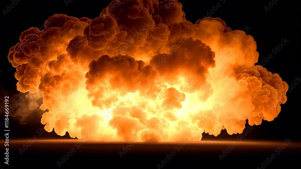 Bright orange explosion fills the sky with smoke and fiery clouds during a nighttime event
