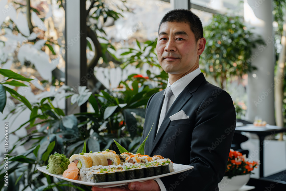 Elegant Sushi Presentation by Professional Chef in Modern Restaurant Setting Elegant Sushi Presentation by Professional Chef in Modern Restaurant Setting
