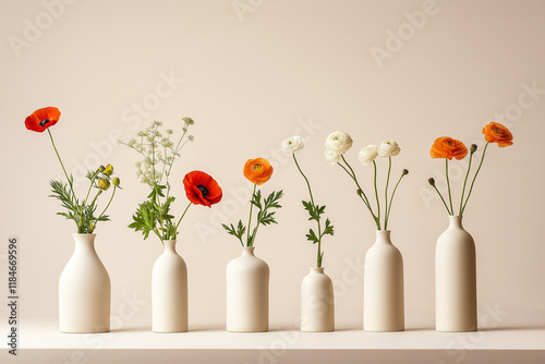 Farbenfrohe Blumen in minimalistischen Vasen auf neutralem Hintergrund

 photo