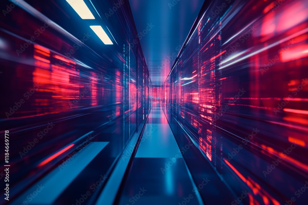 Neon-lit corridor, data streams flow rapidly. Neon-lit corridor, data streams flow rapidly.