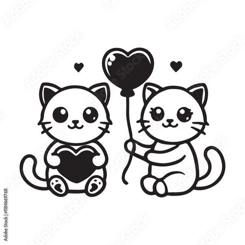 Cute Cartoon Cats with Heart Balloon for Valentine's Day