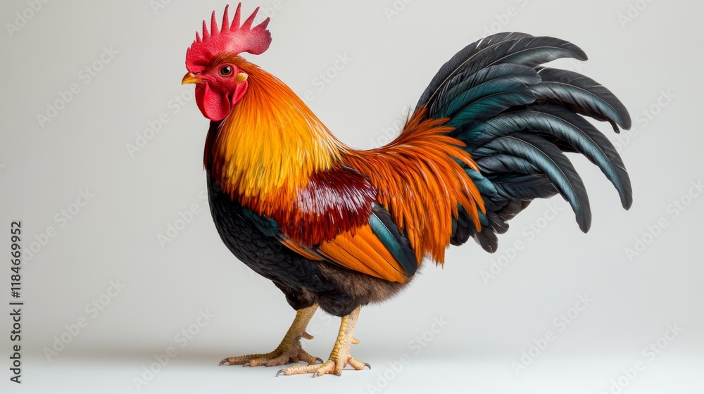 Fototapeta premium Colorful Rooster Standing with Bright Feathers and Red Comb