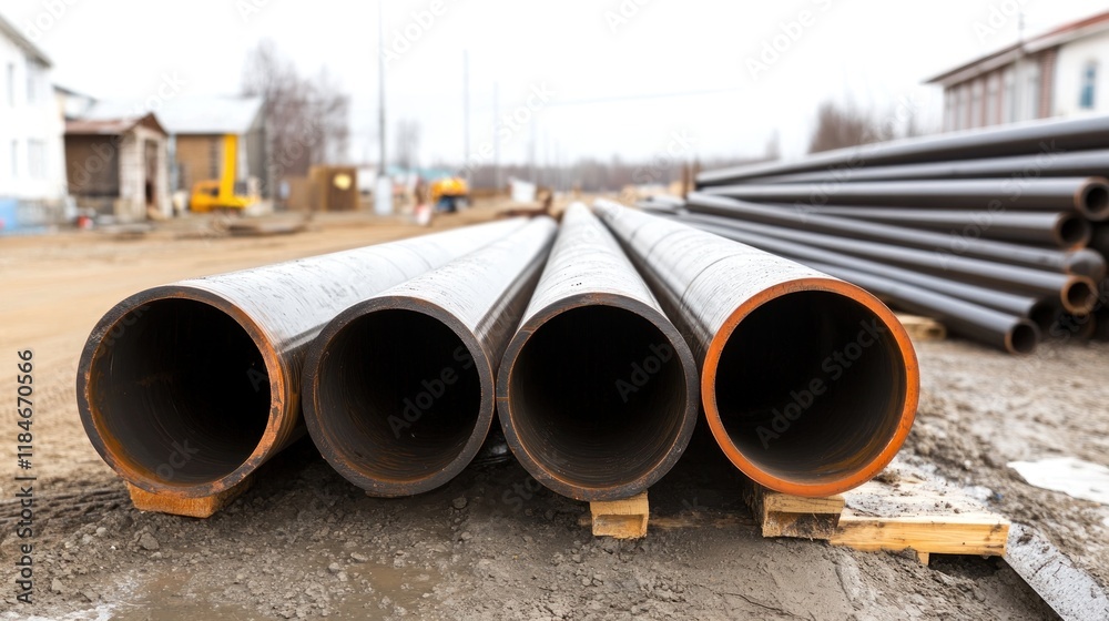Four Large Steel Pipes on a Construction Site Four Large Steel Pipes on a Construction Site