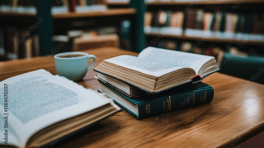 A close-up of a stack of open books on a wooden table in a library, with a cup of coffee beside it and a warm, inviting atmosphere for reading. A close-up of a stack of open books on a wooden table in a library, with a cup of coffee beside it and a warm, inviting atmosphere for reading.