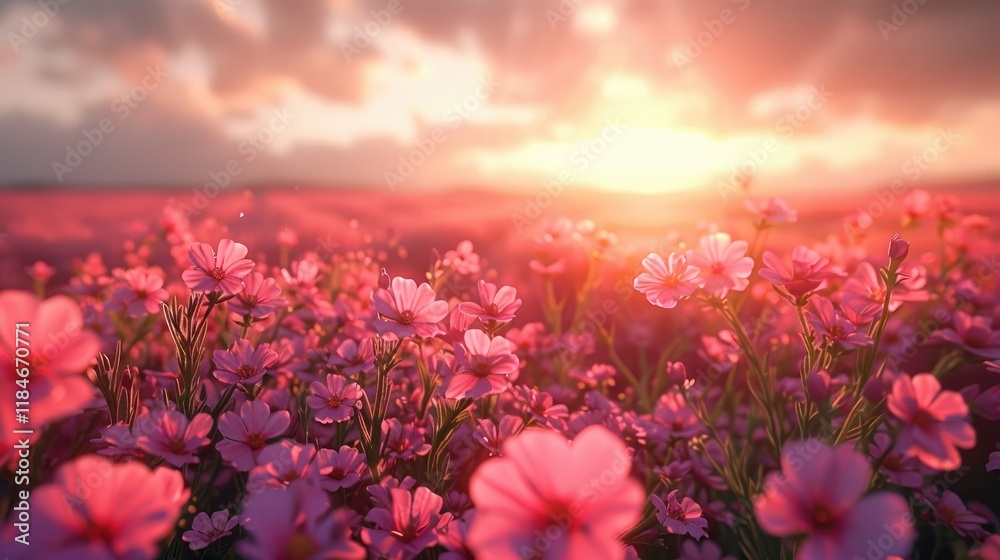 Fototapeta premium A stunning and vibrant sunset casts a warm glow over a beautiful field of pink wildflowers