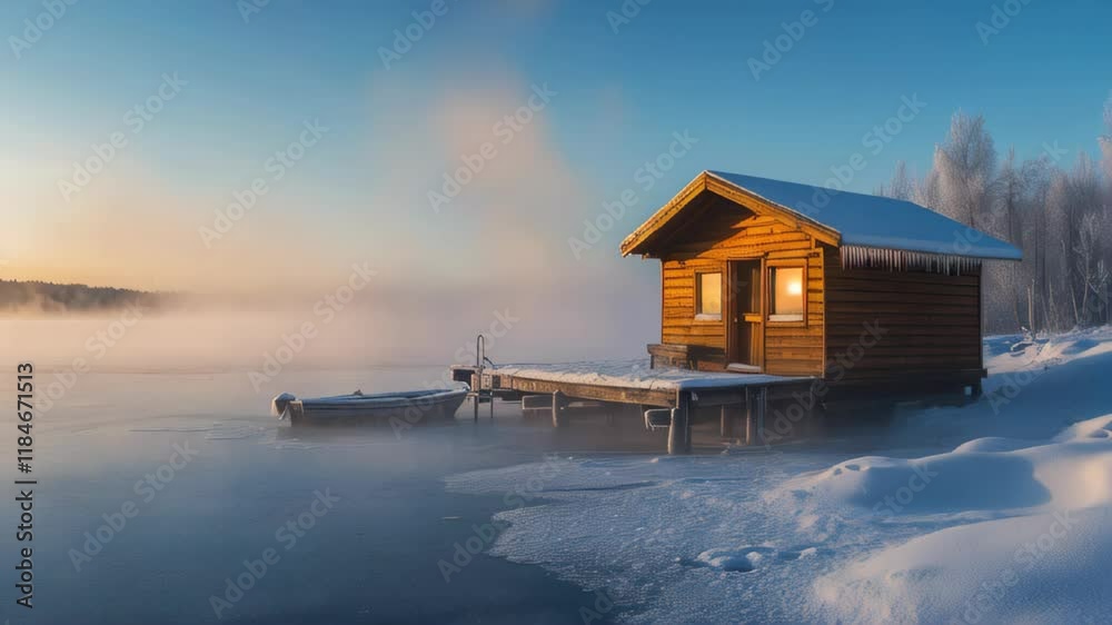 Serene winter cabin by the frozen lake at sunrise Serene winter cabin by the frozen lake at sunrise