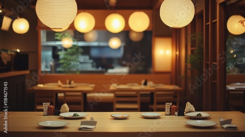 A cozy Japanese restaurant interior featuring wooden tables, paper lanterns, and minimalist with sushi plates beautifully arranged on the table.