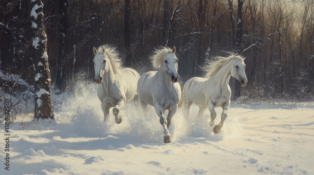 Fototapeta premium White Horses Galloping Through Snowy Forest in Winter
