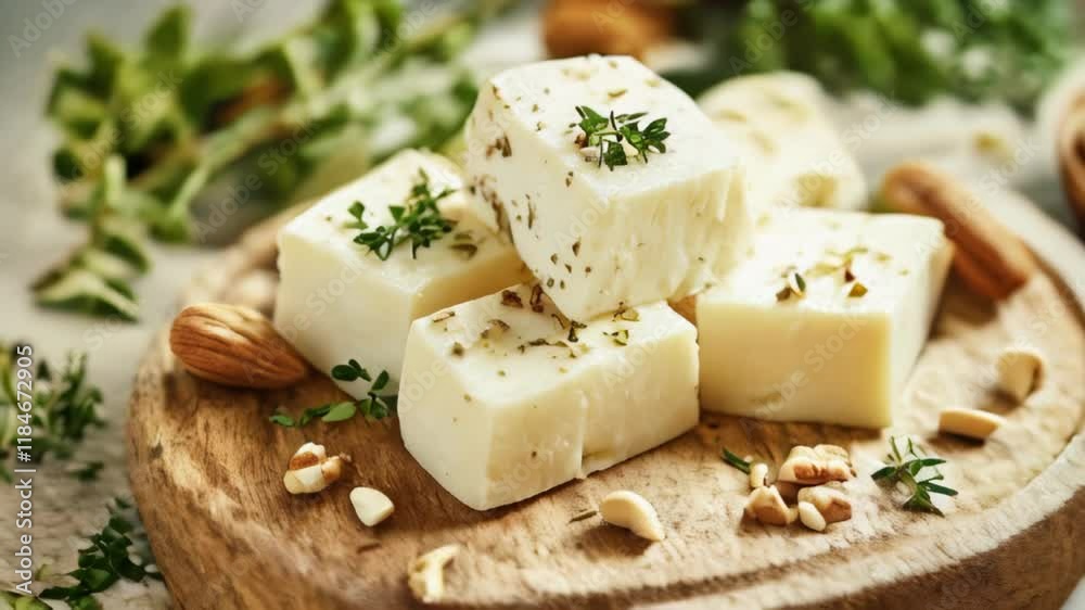 Delicious plant-based cheese preparation with fresh herbs and nuts on wooden platter Delicious plant-based cheese preparation with fresh herbs and nuts on wooden platter