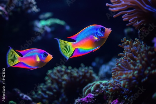 Teardrop-shaped fish with vibrant neon fins swimming through a dark, illuminated coral forest. photo