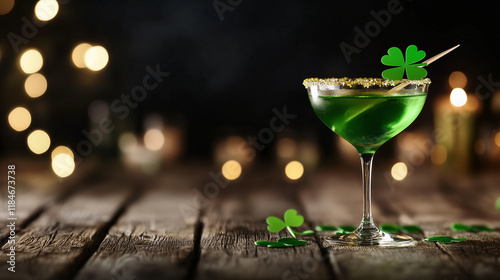 A sleek glass of green cocktail, garnished with a lime and a shamrock stirrer, is the highlight of a wooden table adorned with festive clovers, gold accents, and warm candlelight. photo