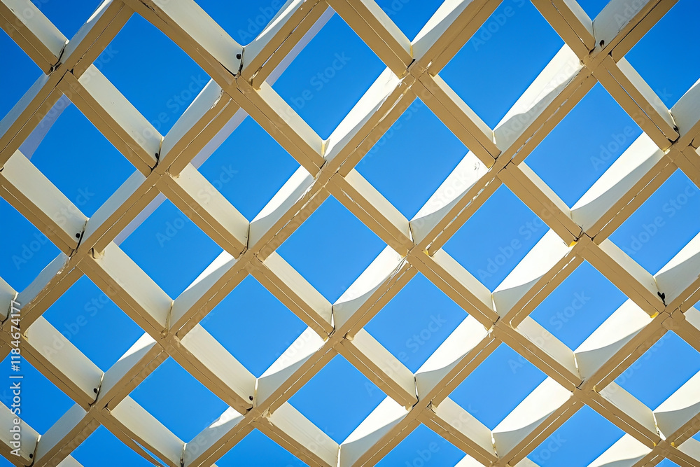 A close-up of the white wooden lattice structure against a blue sky A close-up of the white wooden lattice structure against a blue sky