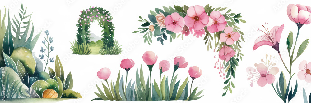 Naklejka premium Watercolor Floral Elements Garden Arch Flowers Greenery Pink Blossoms Botanical Illustrations