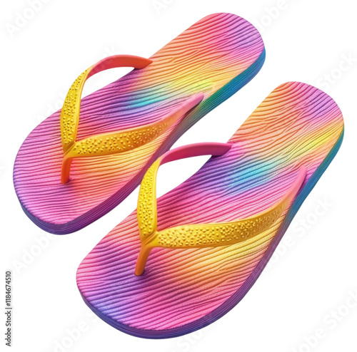 PNG Colorful flip-flops featuring a vibrant rainbow design with a textured sole and yellow straps. photo