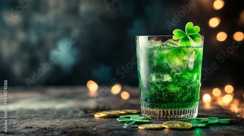 A refreshing green cocktail with lime and shamrock garnish shines under festive lighting, sitting on a rustic table decorated with Saint Patrickâs Day-inspired clover shapes and go photo