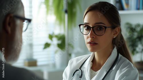 A professional female doctor listens intently to a senior manâs chest with her stethoscope, her calm demeanor setting the tone in the bright and airy hospital room. photo