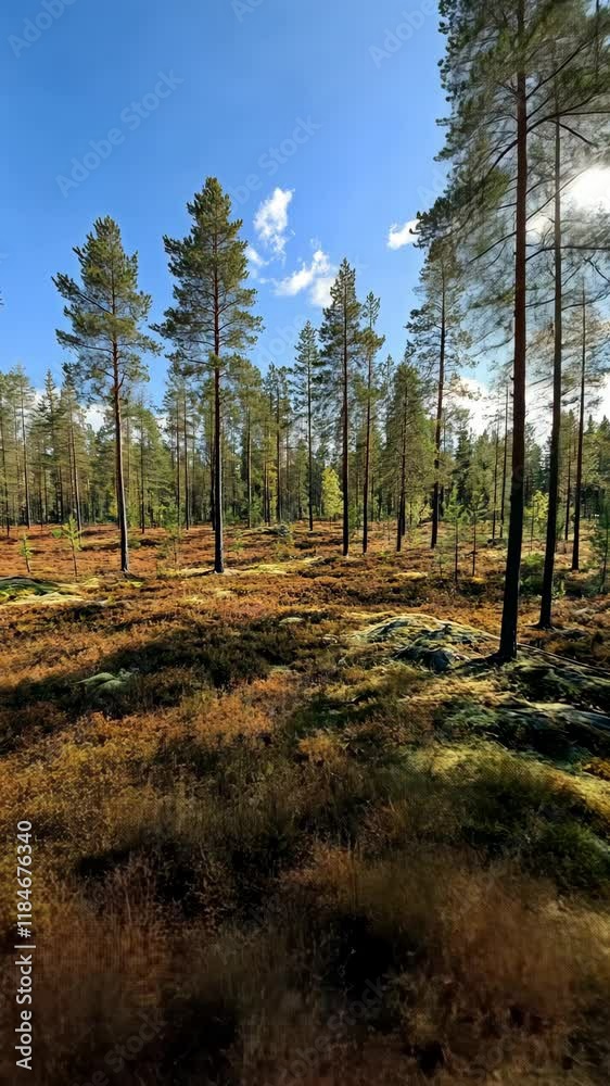 Scenic view of a tranquil forest with autumn foliage and clear blue sky in the afternoon light Scenic view of a tranquil forest with autumn foliage and clear blue sky in the afternoon light
