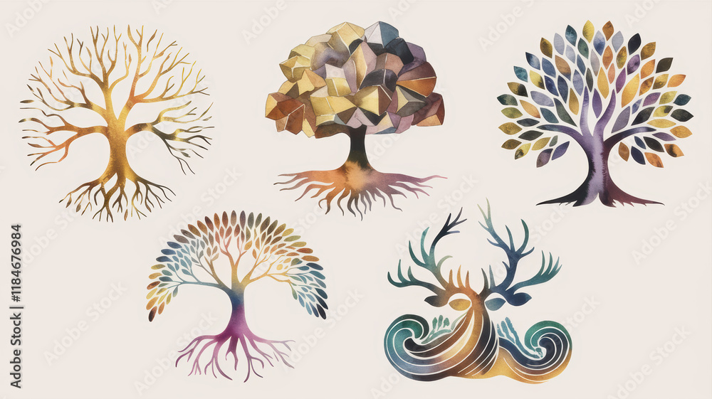 Obraz premium Watercolor Tree of Life Collection Nature Roots Crystals Spiritual Mystical
