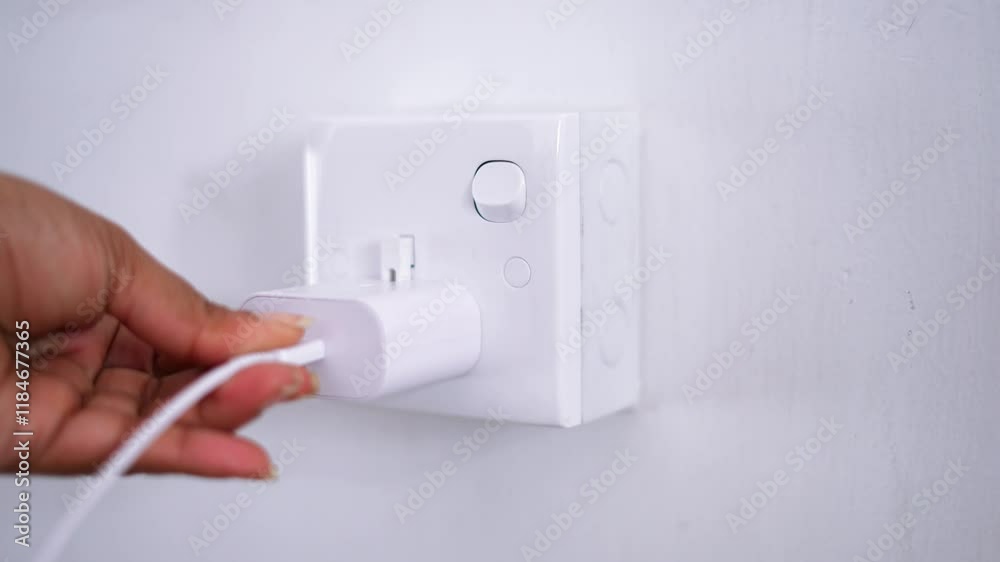 A close-up of removing the phone charger and cable from the electrical outlet on the wall and switching it off, captured in high-quality 4K video footage. Ideal for technology, charging.