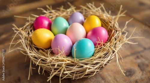Colorful Easter eggs in a straw nest. Perfect for Easter cards, spring decorations, and holiday celebrations