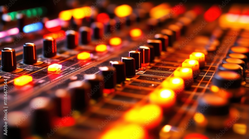 Obraz premium Illuminated Sound Mixing Console Control Panel