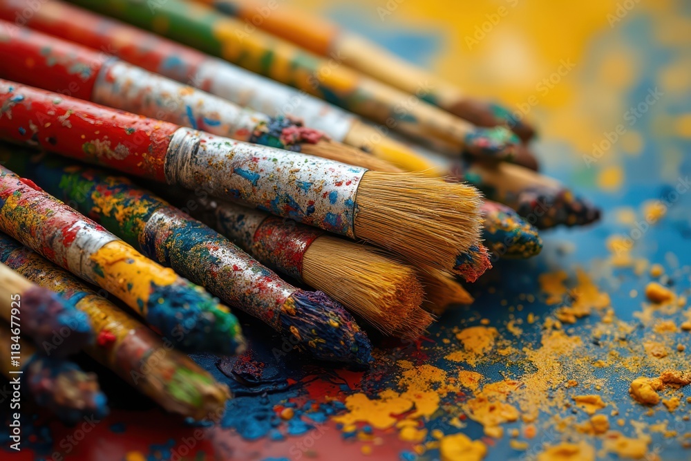 Fototapeta premium many paint brushes are sitting on a colorful surface