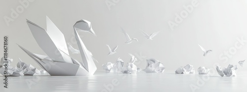 A serene scene featuring origami swans and birds in a minimalist setting.