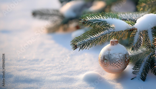 spruce branches with christmas toy and snow