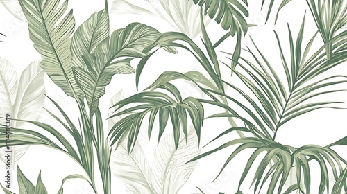 Serene Tropical Leaves: A Botanical Illustration in Muted Greens