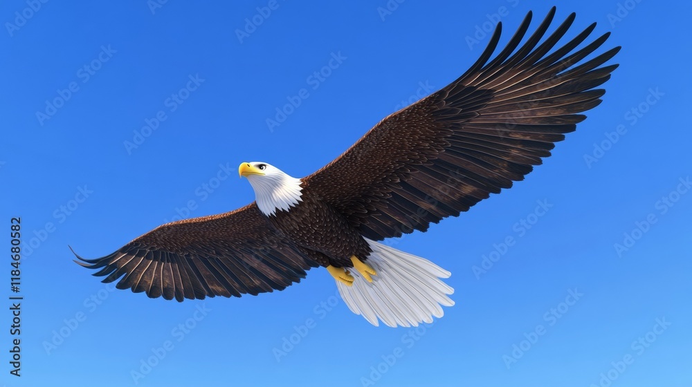 Naklejka premium Bald eagle soaring, wings outstretched, embodying majestic freedom against azure horizon