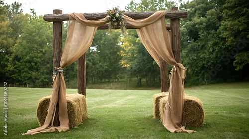 A wedding arch with a rustic country theme, featuring hay bales and burlap accents  photo