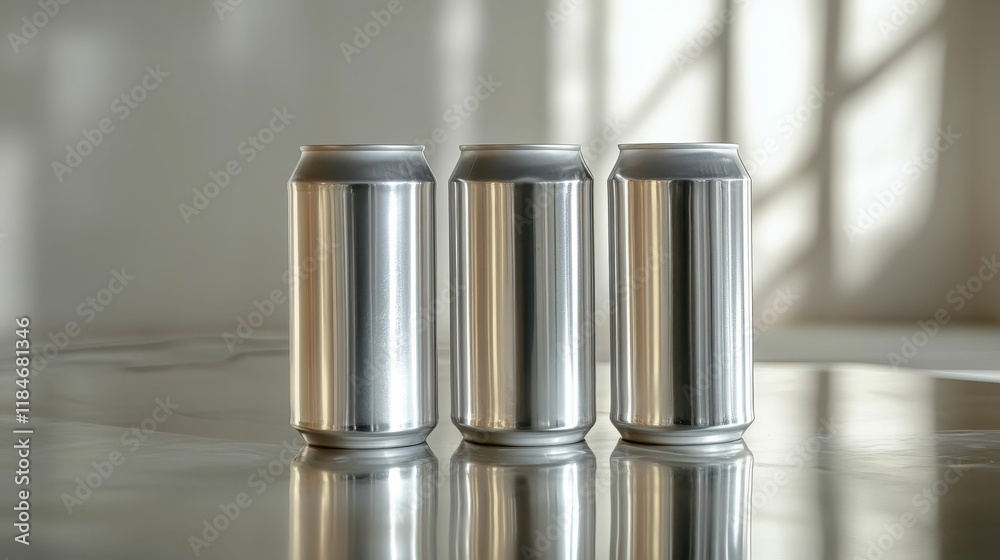 Three empty metallic cans reflect light. Three empty metallic cans reflect light.