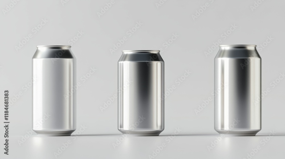Three silver cans on a light gray background. Three silver cans on a light gray background.