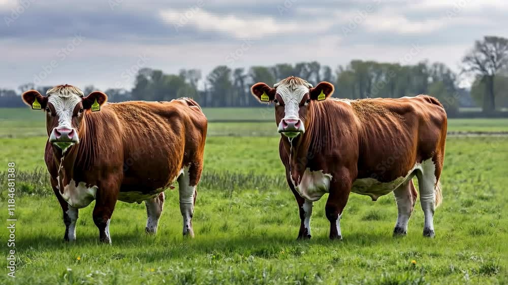 Cows grazing in a lush green pasture under a cloudy sky in the countryside during late afternoon Cows grazing in a lush green pasture under a cloudy sky in the countryside during late afternoon