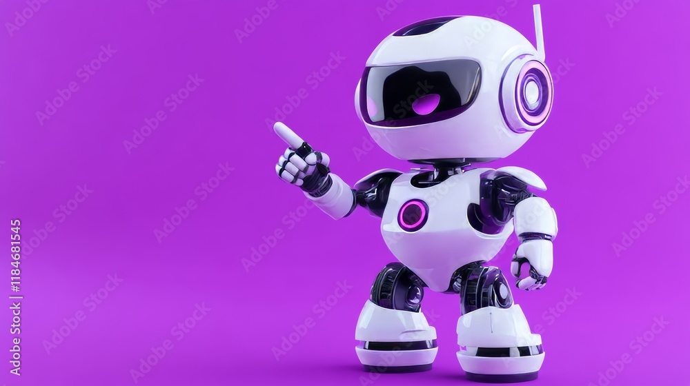 White and purple robot pointing with finger on purple background White and purple robot pointing with finger on purple background