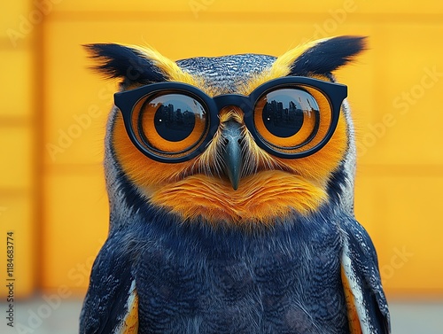 An owl wearing stylish glasses against a vibrant orange background.
