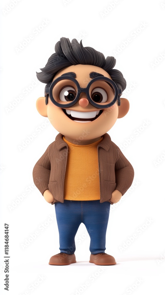 3D cartoon student smiling, wearing orange tee, brown jacket, glasses, standing confidently with hands tucked in pockets 3D cartoon student smiling, wearing orange tee, brown jacket, glasses, standing confidently with hands tucked in pockets