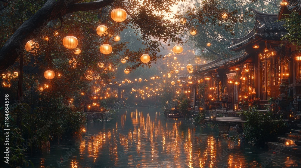 Obraz premium Serene Tranquility of Lantern-Illuminated Riverside Village at Dusk