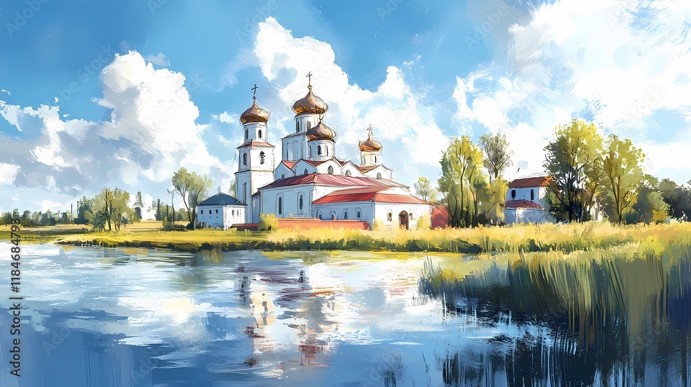 Orthodox church with majestic domes under a serene sky, evoking spiritual tranquility and timeless beauty, artistic book illustration style