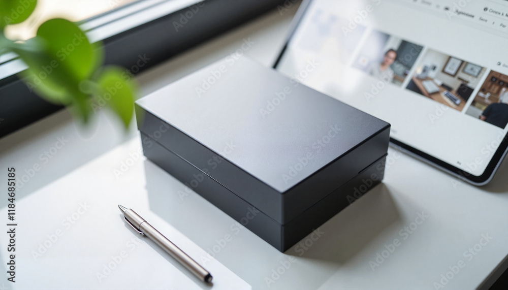 Sleek 3D printed box on modern office desk, design innovation Sleek 3D printed box on modern office desk, design innovation