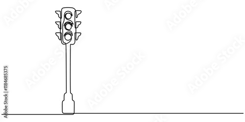 Light traffic one line continuous. Light traffic line art. Hand drawn vector art, Continuous one line drawing of traffic lights with poles to regulate vehicle travel at road intersections.