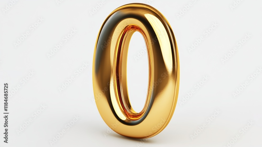 Golden zero digit gleaming on white surface, symbolizing mathematical null value or emptiness Golden zero digit gleaming on white surface, symbolizing mathematical null value or emptiness