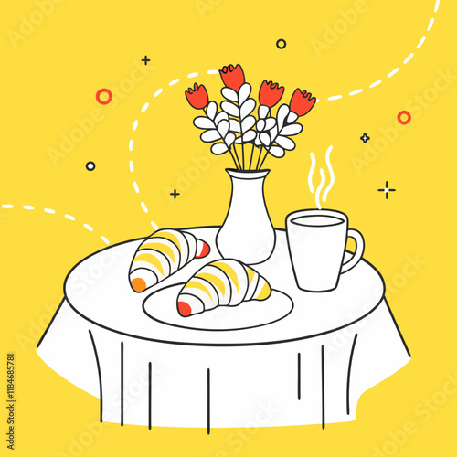 Breakfast table with croissants and coffee, cheerful ambiance, minimalist illustration style