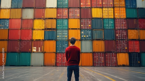 Back view of a logistics coordinator ensuring stock container in a brightly port photo