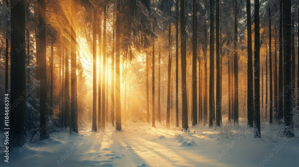 A serene winter forest scene illuminated by warm sunlight through tall trees. A serene winter forest scene illuminated by warm sunlight through tall trees.