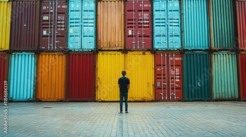 Back view of a logistics coordinator ensuring stock container in a brightly port photo